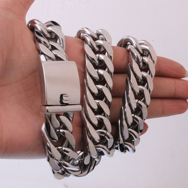 17mm men's titanium steel stainless steel thick double buckle polished necklace, Silver