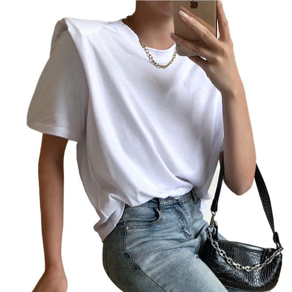 women's short sleeve t-shirt with shoulder pads summer street fashion casual wild pullover solid color female clothing, White
women's short sleeve t-shirt with shoulder pads summer street fashion casual wild pullover solid color female clothing, White