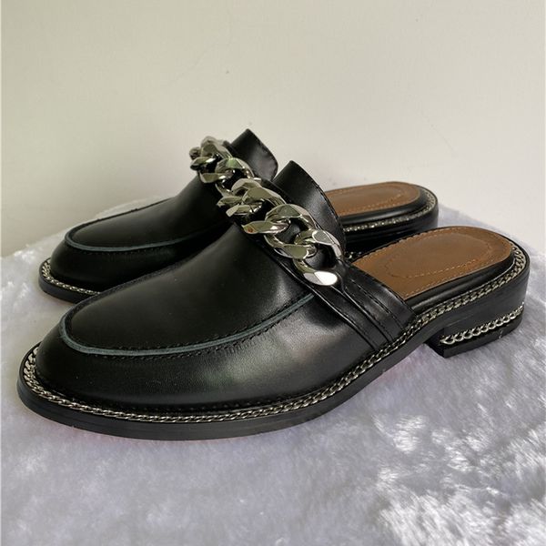 genuine leather flat slippers chained round toe slip-on mules crystal buckle point toe summer outwear slippers women, Black
genuine leather flat slippers chained round toe slip-on mules crystal buckle point toe summer outwear slippers women, Black