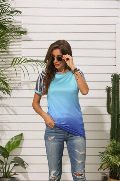 color casual women designer panelled clothing summer crew neck striped print womens tshirt loose gradient, White
color casual women designer panelled clothing summer crew neck striped print womens tshirt loose gradient, White