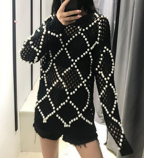 women's sweater knit sweater heavy industry pearl new hollow lazy loose 2020 autumn and winter, White;black
women's sweater knit sweater heavy industry pearl new hollow lazy loose 2020 autumn and winter, White;black