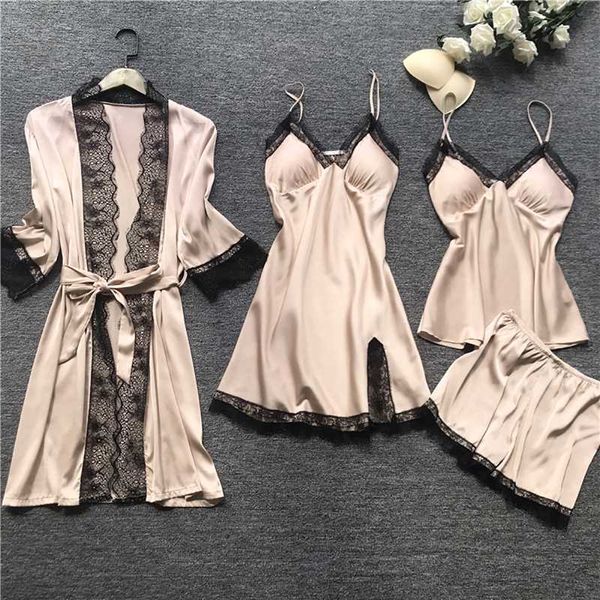 women 4-piece nightwear strap lace sleep lounge pajamas with chest pads women pajamas sets satin sleepwear silk home wear, White;black
women 4-piece nightwear strap lace sleep lounge pajamas with chest pads women pajamas sets satin sleepwear silk home wear, White;black