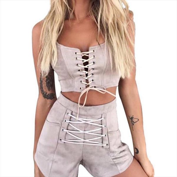 women 2 piece outfits sleeveless camis lace up crop short pants summer two piece set women clothing, Gray
women 2 piece outfits sleeveless camis lace up crop short pants summer two piece set women clothing, Gray