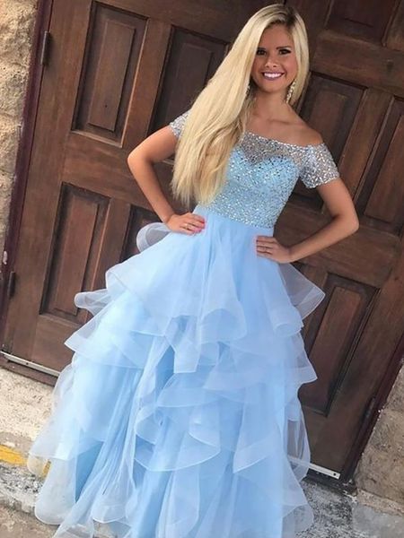 light blue graduation prom party dress short sleeves ball gown off the shoulder ruffles organza long prom evening dresses with beading, Black;red
light blue graduation prom party dress short sleeves ball gown off the shoulder ruffles organza long prom evening dresses with beading, Black;red