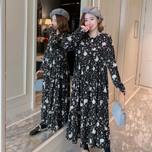 spring maternity long loose chiffon dress fashion printing long sleeve lacing collar empire maxi dress pregnant women maxi, White