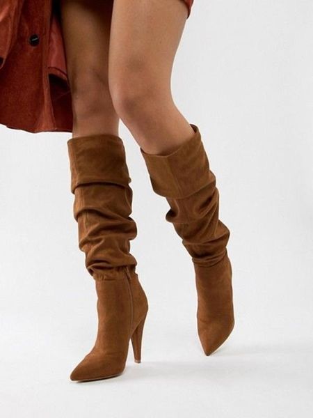 knee high slouchy boots pointed toe suede ruched winter long boots high heel stiletto solid flock zipper pleated shoes slip on, Black
knee high slouchy boots pointed toe suede ruched winter long boots high heel stiletto solid flock zipper pleated shoes slip on, Black