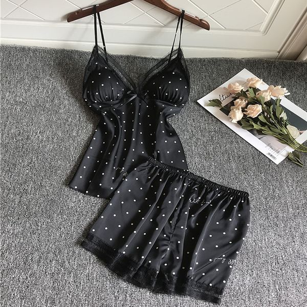 elegant women's pajamas sets lace polka dot slings and shorts homewear seamless silk satin summer pijamas sleepwear, Black;red
elegant women's pajamas sets lace polka dot slings and shorts homewear seamless silk satin summer pijamas sleepwear, Black;red