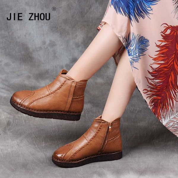 autumn and winter genuine leather round toe women ankle boots retro style handmade leisure shoes woman flat snow boots, Black
