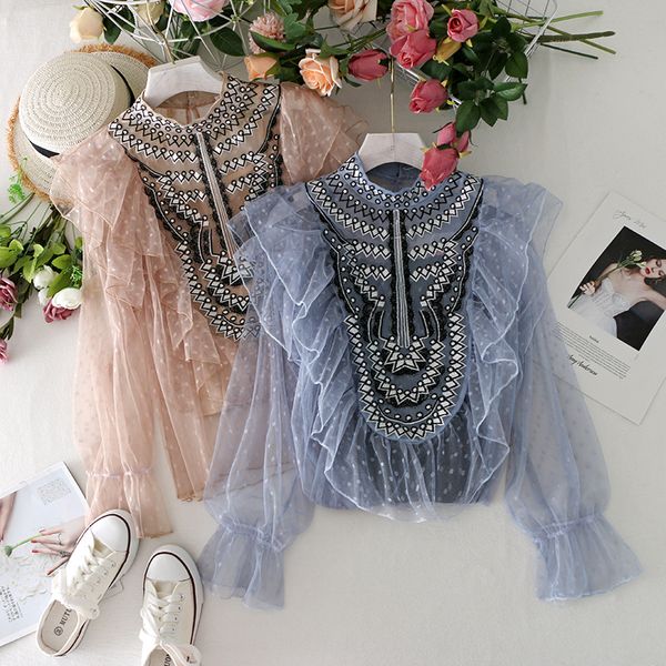 women's blouses & shirts elegant women summer lantern sleeve embroidery polka dot lace ruffles shirt vintage elastic slim mesh gauze pu, White
women's blouses & shirts elegant women summer lantern sleeve embroidery polka dot lace ruffles shirt vintage elastic slim mesh gauze pu, White