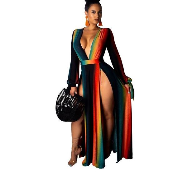 2019 new women long sleeve rainbow stripes deep v-neck high side split maxi dress club party night long dresses002, Black;gray
2019 new women long sleeve rainbow stripes deep v-neck high side split maxi dress club party night long dresses002, Black;gray