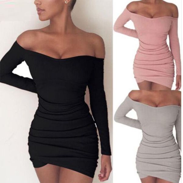 casual dresses womens party off shoulder robe dress fashion female long sleeve slim mini, Black;gray