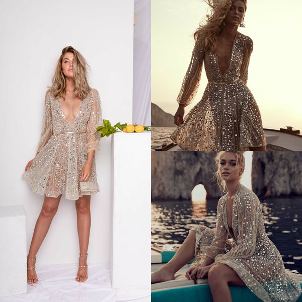 

Sequined Homecoming Dresses Deep V Neck Beaded Long Sleeve Short Cocktail Dress Party Wear Custom Made Plus Size Arabic Prom Dress