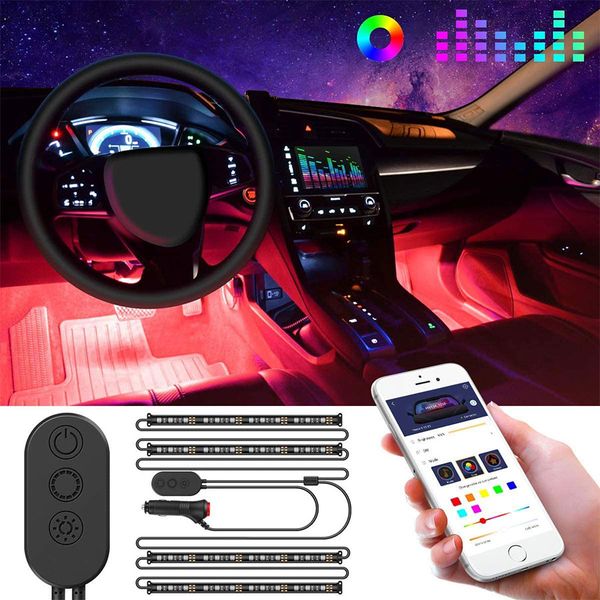 Interior Car Led Strip Lights, 4pcs 48 Led App Controller Lighting Kits, Multi Diy Color Music Under Dash Car Lighting With Car Charger