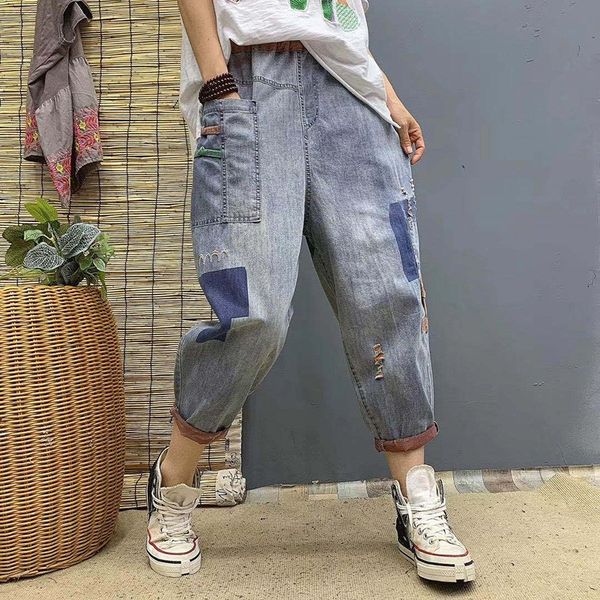 women's jeans arrival summer style women loose casual elastic waist harem pants cotton denim patchwork ripped a138, Blue
women's jeans arrival summer style women loose casual elastic waist harem pants cotton denim patchwork ripped a138, Blue
