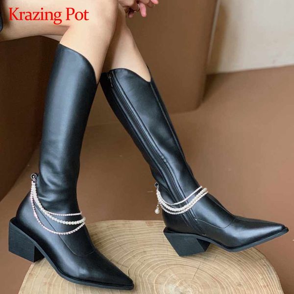 krazing pot equestrian boots pearl chain decorations popular thick high heel pointed toe zipper office lady knee high boots l61, Black
krazing pot equestrian boots pearl chain decorations popular thick high heel pointed toe zipper office lady knee high boots l61, Black