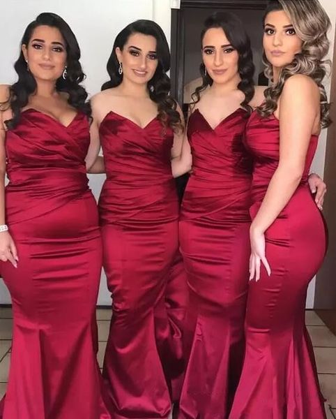 

2020 Mermaid Long Bridesmaid Dresses Burgundy Sweetheart Satin Pleats Floor Length Cheap Wedding Party Guest Dress Maid Honor Gowns