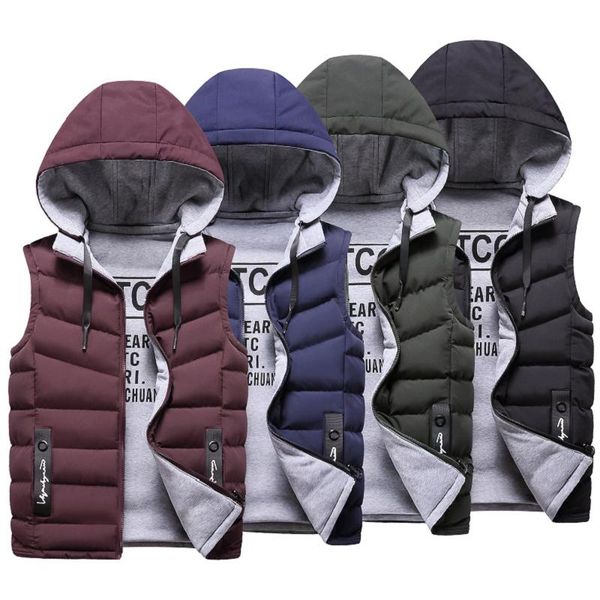 

Mens Winter Vest Down Vest Men Casual Waistcoat Sleeveless Jackets Men Hooded Worn On Both Sides Hat Detachable New Top 4XL