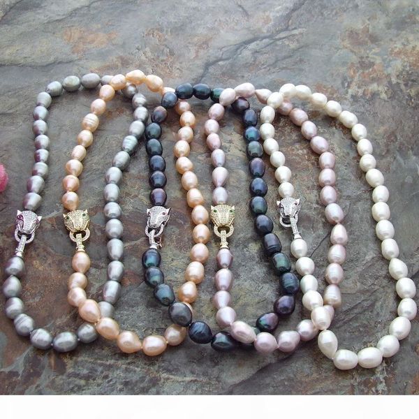 hand knotted 10-12mm white black gray pink purple freshwater rice pearl leopard head micro inlay zircon necklace long 43cm, Silver
hand knotted 10-12mm white black gray pink purple freshwater rice pearl leopard head micro inlay zircon necklace long 43cm, Silver