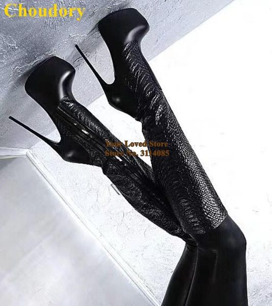 choudory black snakeskin knee high boots sky-high thin heels platform dress boots patchwork women long fall winter shoes
choudory black snakeskin knee high boots sky-high thin heels platform dress boots patchwork women long fall winter shoes