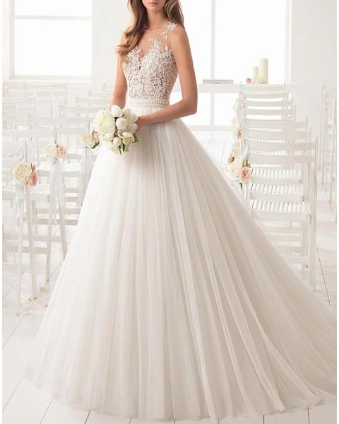 a-line wedding dresses jewel neck sweep / brush train lace tulle sleeveless country see-through with sashes / ribbons embroidery, White
a-line wedding dresses jewel neck sweep / brush train lace tulle sleeveless country see-through with sashes / ribbons embroidery, White