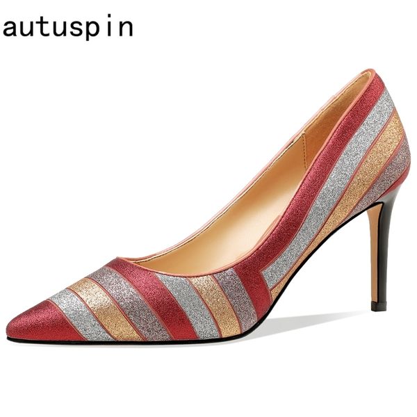 autuspin female sequined cloth elegant pumps autumn summer women genuine leather 8cm high heels fashion stripes party thin heels, Black
autuspin female sequined cloth elegant pumps autumn summer women genuine leather 8cm high heels fashion stripes party thin heels, Black