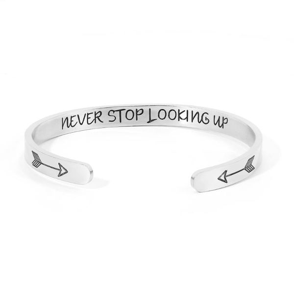 wholesale stainless steel bracelet "never slooking up" bracelet arrow bangle cuff opening female jewelry gift, Black
wholesale stainless steel bracelet "never slooking up" bracelet arrow bangle cuff opening female jewelry gift, Black