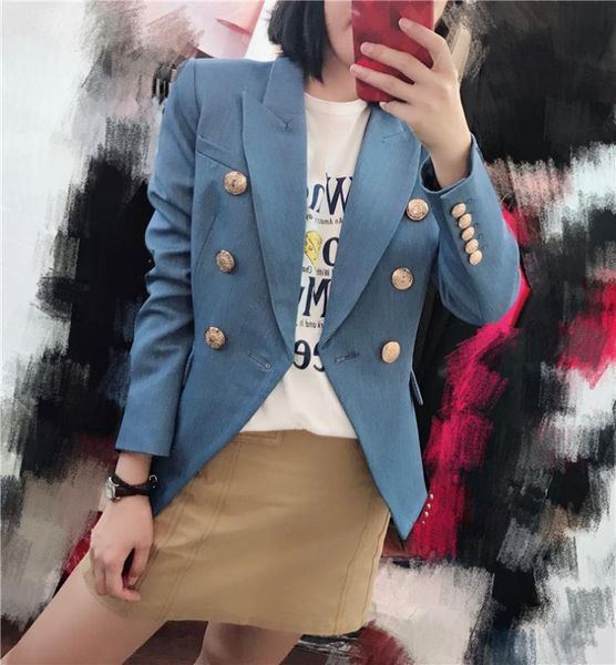 denim blue double breasted blazer gold buttons flap pockets fitted woman blazers, White;black
denim blue double breasted blazer gold buttons flap pockets fitted woman blazers, White;black