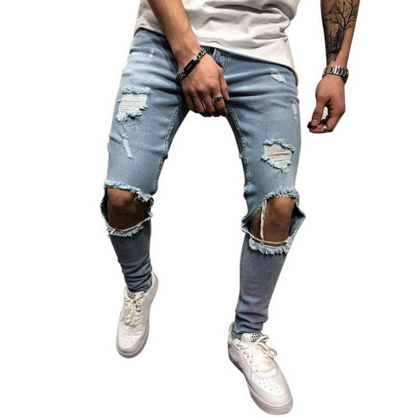 stretch denim trousers male hip hop hole jeans pants men ripped denim pants autumn straight streetwear pencil jeans, Blue 
stretch denim trousers male hip hop hole jeans pants men ripped denim pants autumn straight streetwear pencil jeans, Blue