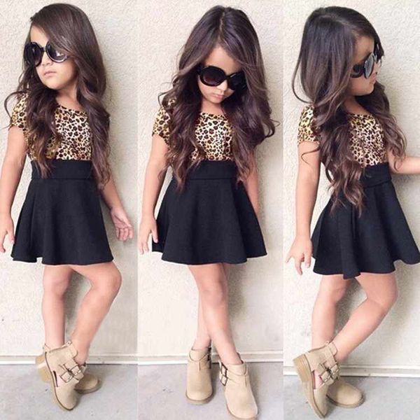 ins baby girl leopard dress kid patchwork black skirt new short sleeve summer party elegant agaric, Red;yellow