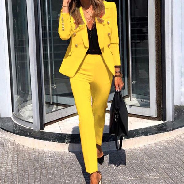 spring women solid long sleeve blazer jacket casual pants suits office lady elegant button black 2 piece set business outfits, White