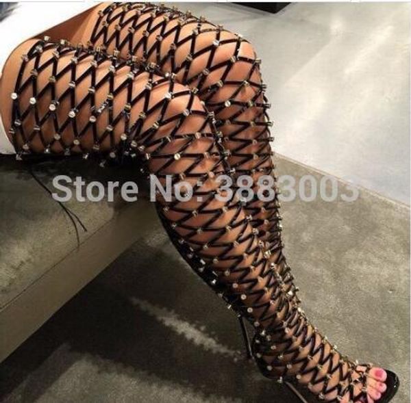cut out thigh high boots rhinestone rivets studded women summer gladiator sandal boots high heel over the knee long bota, Black
cut out thigh high boots rhinestone rivets studded women summer gladiator sandal boots high heel over the knee long bota, Black
