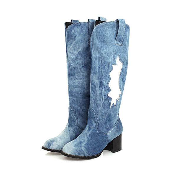 mstacchi women denim patchwork sewing long boots gradual change low heel slip on bottes mature miss round toe thigh boots, Black 
mstacchi women denim patchwork sewing long boots gradual change low heel slip on bottes mature miss round toe thigh boots, Black