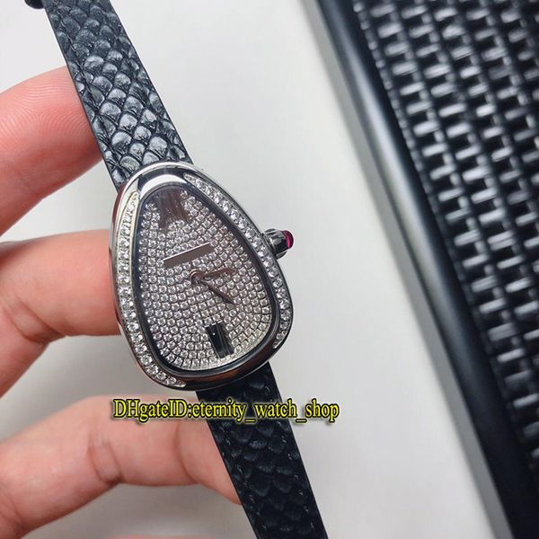 High Quality Serpenti 103129 Silver Diamonds Dial Swiss Quartz Womens Watch Diamonds Bezel Black Double Circle Leather Bracelet Lady Watches