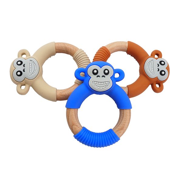 Wholesale Beech Wood Silicone Monkey Teether Dummy Orangutan Teething Rings Baby Chewable Pacifier Diy Infant Soothing Shower Newborn Gifts