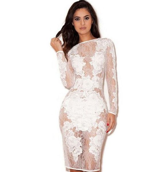 

Sexy Club Dress Womens Mini Bodycon Dress Party Bandage Dresses Long Sleeves Bodysuit Lace patchwork see through Dress, White