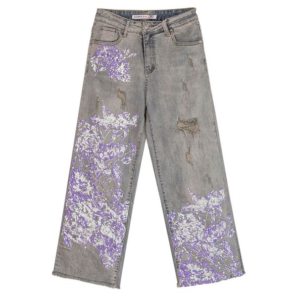 spring fall casual womens printed beading pearls wide leg denim trousers , vintage floral pattern ankle length pants for woman, Blue
spring fall casual womens printed beading pearls wide leg denim trousers , vintage floral pattern ankle length pants for woman, Blue