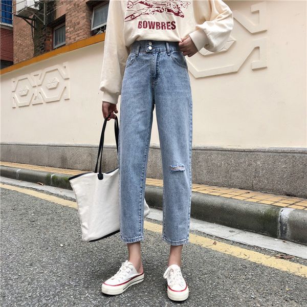 women's jeans hzirip korea high waist hole wide leg pants casual women semi-elastic fresh slender straight loose denim trousers, Blue
women's jeans hzirip korea high waist hole wide leg pants casual women semi-elastic fresh slender straight loose denim trousers, Blue