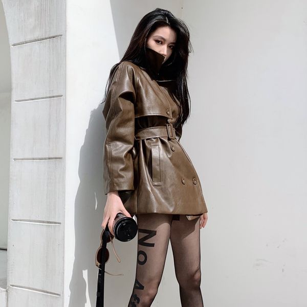 women's leather & faux autumn double breasted mid-length pu jacket with belt women plus size casual biker coat jaqueta feminina streetw, Black
women's leather & faux autumn double breasted mid-length pu jacket with belt women plus size casual biker coat jaqueta feminina streetw, Black