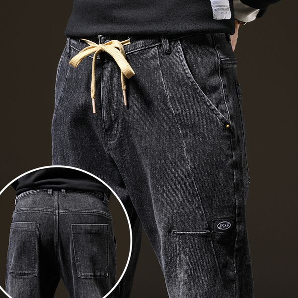 men's jeans for autumn and winter loose straight black thick clothing casual trousers splicing drawstring slim long pants, Blue
men's jeans for autumn and winter loose straight black thick clothing casual trousers splicing drawstring slim long pants, Blue