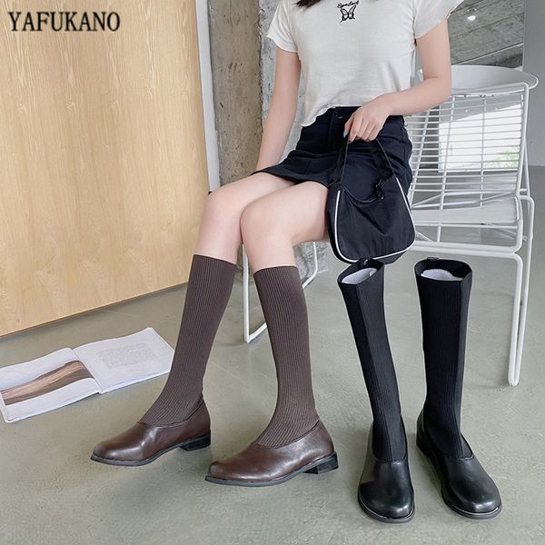 autumn square low heel knee-high boots women stitching knit stretch sock boots retro british style chunky heel long tube, Black
autumn square low heel knee-high boots women stitching knit stretch sock boots retro british style chunky heel long tube, Black