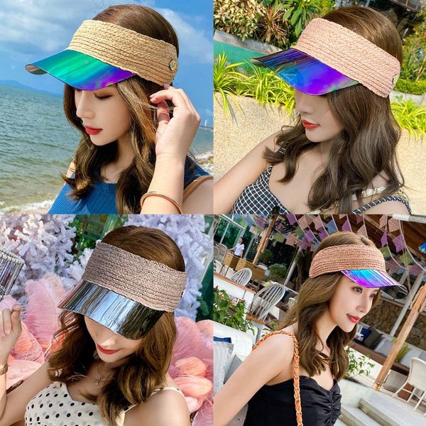 women summer empty straw baseball cap hologram transparent panel uv protection adjustable beach sun visor hat, Blue;gray 
women summer empty straw baseball cap hologram transparent panel uv protection adjustable beach sun visor hat, Blue;gray