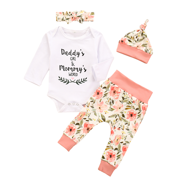 0-24m spring autumn baby girls outfit long sleeve romper + floral printing long pants + hat bow headwear 4pcs set, White
0-24m spring autumn baby girls outfit long sleeve romper + floral printing long pants + hat bow headwear 4pcs set, White