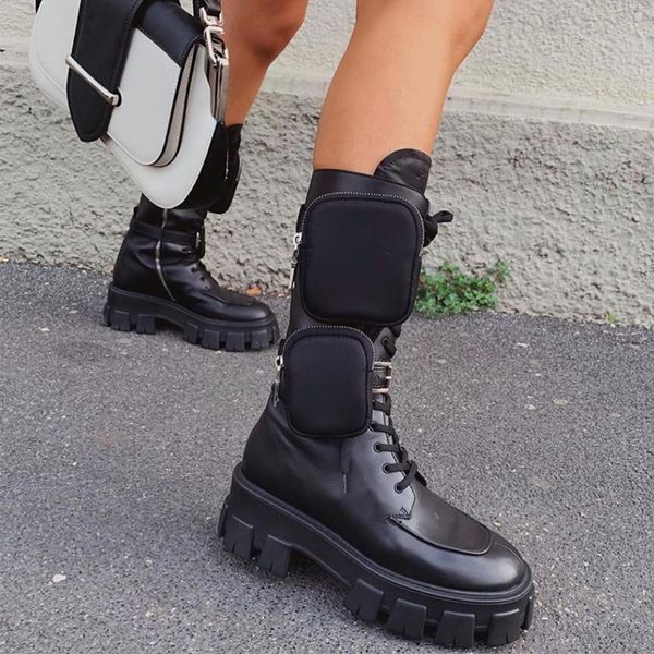 platform thick bottom boots pocket bag woman boots genuine leather lace-up mid-tube luxury designer woman shoes, Black
platform thick bottom boots pocket bag woman boots genuine leather lace-up mid-tube luxury designer woman shoes, Black