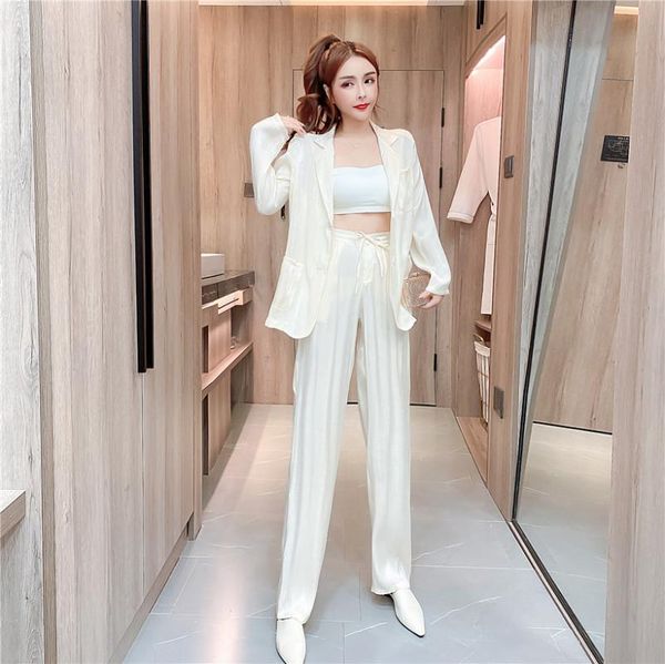 women's two piece pants ladies fashion bright color suit jacket + high-waist lace-up trousers, White
women's two piece pants ladies fashion bright color suit jacket + high-waist lace-up trousers, White