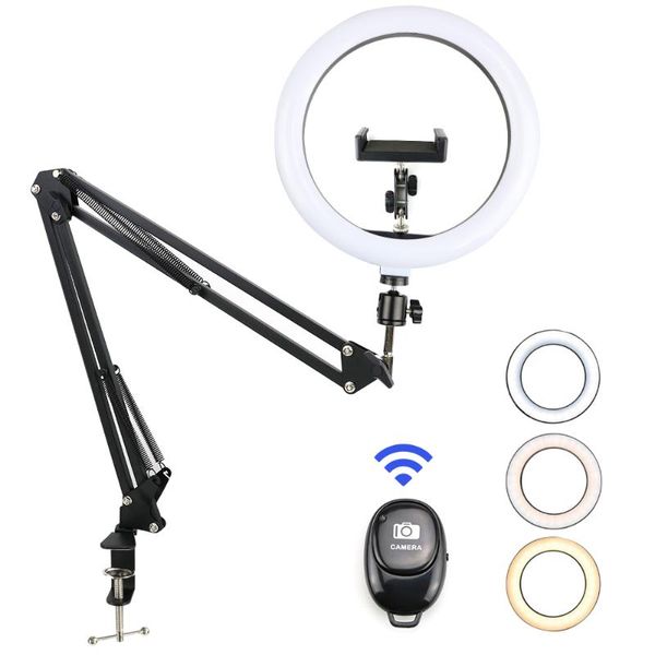 10'' Dimmable Led Selfie Ring Light With Desk Long Arm Holder Camera Phone Usb Ring Lamp Pgraphy Light With Remote Control