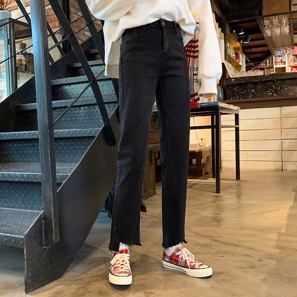 high-waisted elasticity irregular hem burrs straight jeans slimming black and white pants, Blue
high-waisted elasticity irregular hem burrs straight jeans slimming black and white pants, Blue