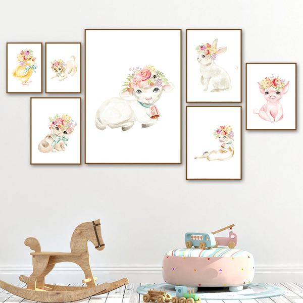 

wall art canvas painting flower wreath sheep rabbit pig chick dog cat posters and prints wall pictures baby kids room home decor