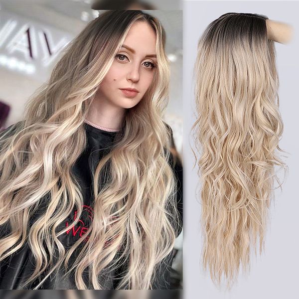 long wavy ombre blonde wig platinum blonde synthetic wigs for african american women two tone natural middle part wig, Black
long wavy ombre blonde wig platinum blonde synthetic wigs for african american women two tone natural middle part wig, Black