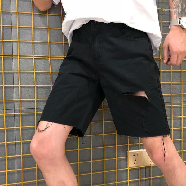 black color ripped jean shorts hip hop teenagers relaxed knee length pants streetwear summer straight shorts men, White;black
black color ripped jean shorts hip hop teenagers relaxed knee length pants streetwear summer straight shorts men, White;black