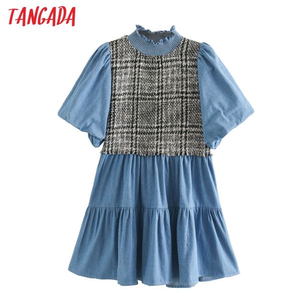 tangada 2020 women plaid patchwork denim dress puff short sleeve females mini dresses vestidos xn522, White;black
tangada 2020 women plaid patchwork denim dress puff short sleeve females mini dresses vestidos xn522, White;black